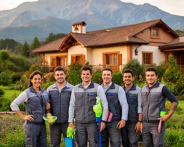 Equipo de R.Z. Fresco con uniforme profesional posando frente a una casa tradicional de Villa General Belgrano con jardín y montañas al fondo